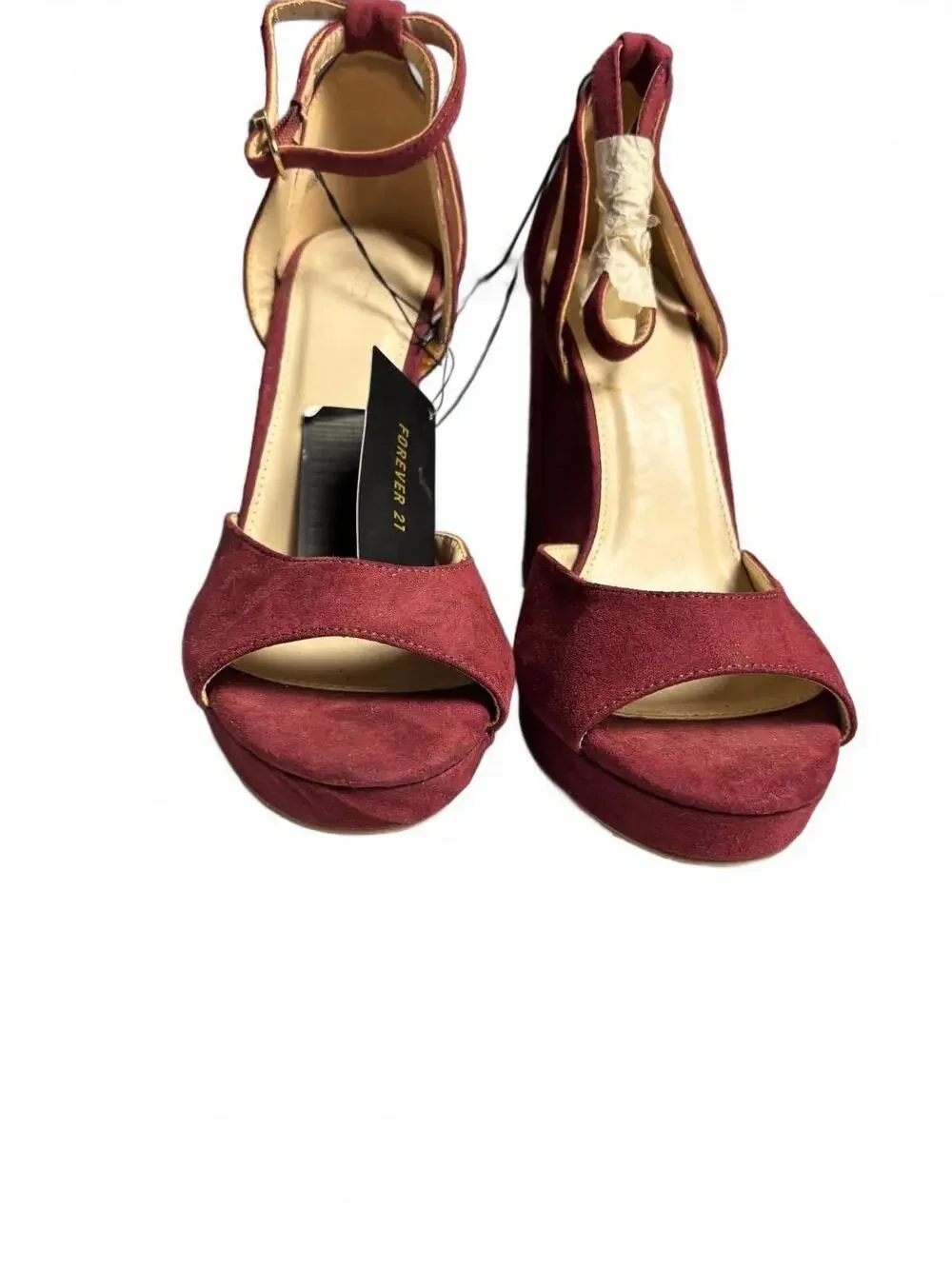 Forever 21 Burgundy Suede Block Heel Sandals with Ankle Strp